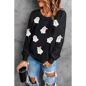 Black Sequin Cute Bow Ghost Graphic Crew Neck Halloween Sweatshirt